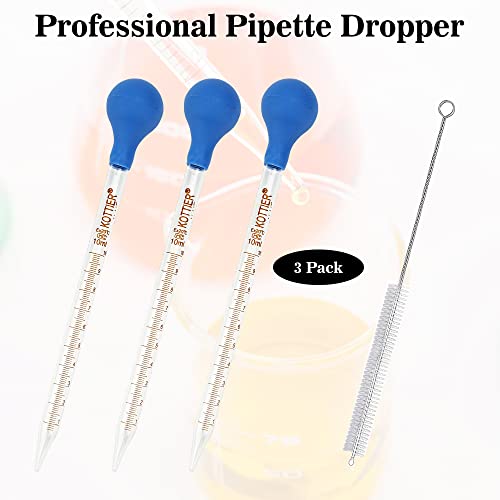 3Pcs Glass Pipettes Dropper, 10ml Graduated Liquid Dropper with Rubber Bulb and Cleaning Brush, Transfer Pipettes for Essential Oil