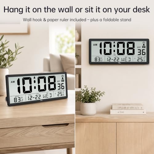 WallarGe Backlight Atomic Wall Clock Battery Operated, Indoor/Outdoor Temp - color: Black