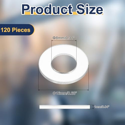 uxcell 120 Pcs M8 PVC Flat Washers 8mm ID 16mm OD 1mm Thick Plain Washer Grommets Plastic Sheet Gasket Fastener Sealing Spacer Gasket Ring Water Hose Washers, Clear - size: M8x16mmx1mm