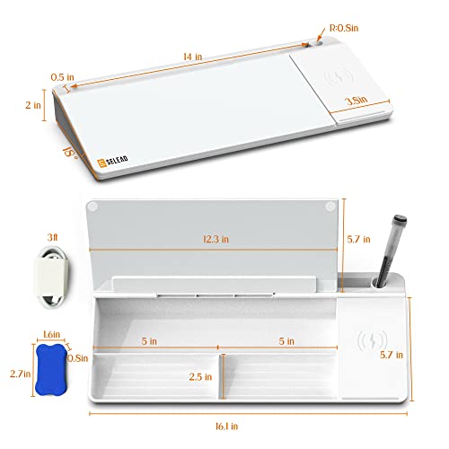 SELEAD Desktop Glass Whiteboard with Wireless Charger and Storage, White - color: White, size: 16"x7"
