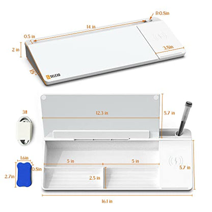 SELEAD Desktop Glass Whiteboard with Wireless Charger and Storage, White - color: White, size: 16"x7"