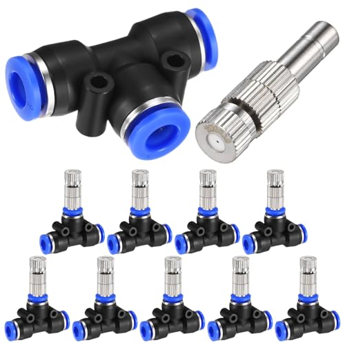 M METERXITY 10-Set Brass Misting Nozzles Tees Kit, 0.024"/0.6mm Orifice Mister Replacement Nozzles with Filter Mesh for Outdoor Cooling System/Greenhouse, 1/4" Water Misting Nozzle Tees Kits - size: 0.024"/0.6mm