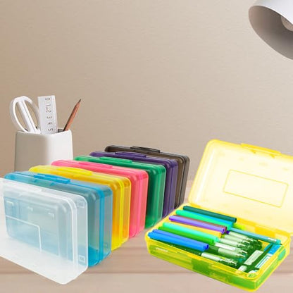Pencil Box, Clear Pencil Case, Large Capacity Plastic Hard Pencils Case Crayon Box with Snap-Tight Lid Stackable for Kids Adult Student Pens Pencils School Supplies Storage Office Supplies, Yellow - color: Yellow