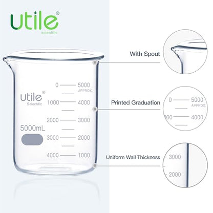 Utile 1 Pc Glass Beaker, Vol.5000ml Beakers, Glass Beaker with Double Scale Printed Graduation, 4000.5000.1-X - style: 1 pc of 5000ml