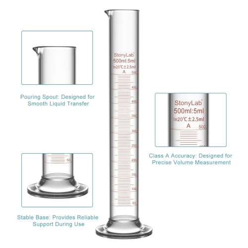 stonylab Class A Graduated Cylinder, 500 ml Borosilicate Glass High Precision Measuring Cylinder with Clear Scale and Stable Base for Laboratory Liquid Measurement - size: 500 ml