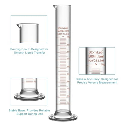 stonylab Class A Graduated Cylinder, 500 ml Borosilicate Glass High Precision Measuring Cylinder with Clear Scale and Stable Base for Laboratory Liquid Measurement - size: 500 ml