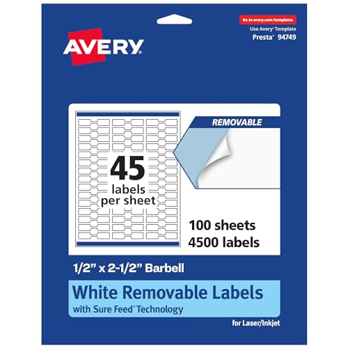 Avery Matte White Removable Barbell Labels, Sure Feed Technology, 0.5" x 2.5", 4,500 Removable Labels, Laser/Inkjet Printable - style: 4,500 labels