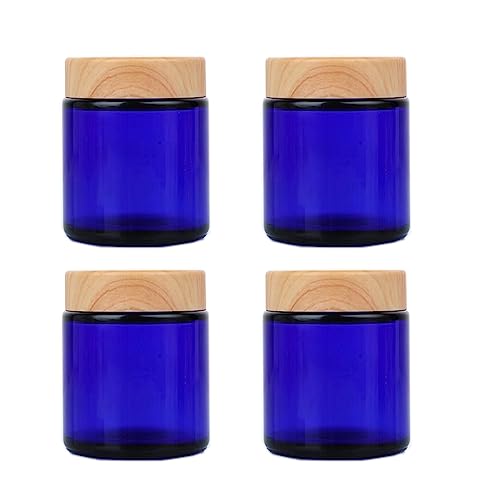 4 Pcs 100g 3.4 OZ Blue Glass Jars Round Cosmetic Container Jars with Wood Grain Lids,Empty Refillable Cosmetic Containers Pot Jars for Lotion, Cream,Ointments,Makeup,Eye shadow,Scrubs - color: Blue