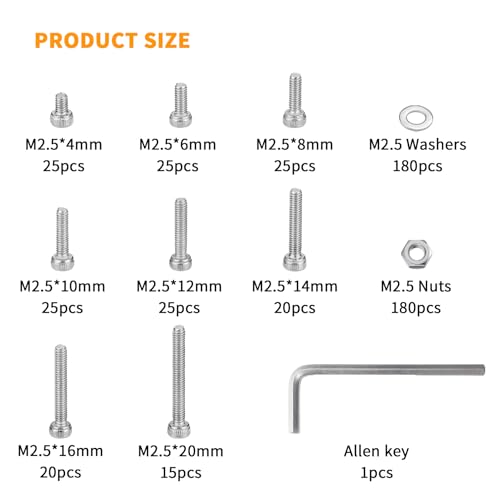 540 Pcs M2.5 Screws and Nuts and Washers Set, Metric Hex Socket Head Cap Screws Nuts Washers Kit, Stainless Steel Bolts and Nuts Kit, Machine Screws Assortment Kit, Fully Threaded Hex Nuts and Bolts - size: M2.5