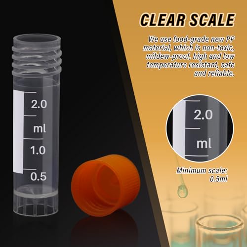 100 Pcs 2ml Vials Centrifuge Tubes Plastic Sample Small Cryogenic Vials with Screw Caps Graduated Bottles Test Tubes with Lids (Orange) - color: Orange