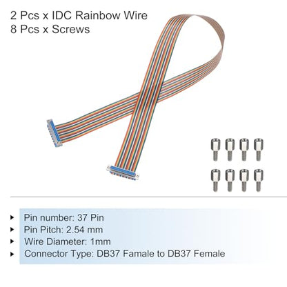MECCANIXITY 2 Pcs IDC Rainbow Wire Flat Ribbon Cable DB37 Female to DB37 Female 39 Inch Length 2.54mm Pitch Breadboard Jumper Wires for Electronic Projects - size: 39 Inch, style: DB37 Female to DB37 Female