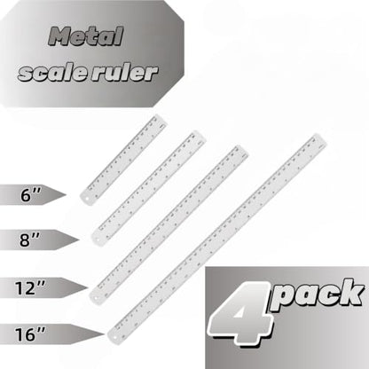 Unjoo Stainless Steel Ruler 4-Pack, 6", 8", 12",16" (15cm,20cm,30cm,40cm) - size: 6,8,12,16 inch