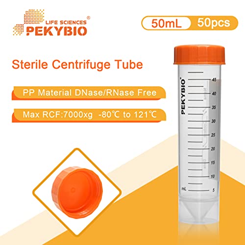 PEKYBIO Centrifuge Tubes 50ml Self-Standing Sterilized Polypropylene Graduated Test Tube with Seal Screw Cap Sample Storage Container, Pack of 50 - size: 50ML Self Standing