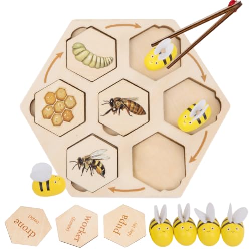 Montessori Bee Toy for Kids 3-5, Wooden Bee Hive Life Cycle Learning Puzzle