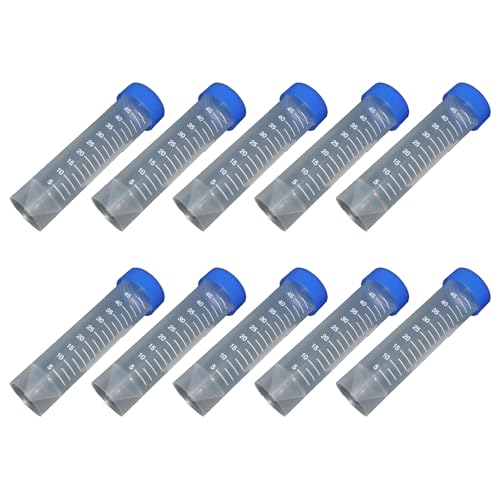 lasenersm 10 Pieces 50ml Plastic Centrifuge Tubes Clear Plastic Graduated Vial Tube with Blue Screw Caps Storage Container Test Tubes Conical Bottom Standing Vial for Cold Storage