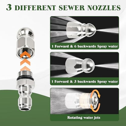 Sewer Jetter Nozzle Kit, 3-Pack Stainless Steel Jet Nozzles with Rotating, Button Nose, and Fixed Models, 1/4” Quick Connect, Up to 5000 PSI for Pressure Washer Drain Cleaning - color: 3-Pack