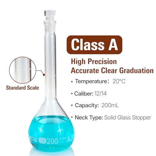 200 ml Volumetric Flask,Clear,3.3Borosilicate Glass,Class A,NS14/23 Glass Stopper,Laboratory Project (Pack of 2) - color: Clear, size: 200ml