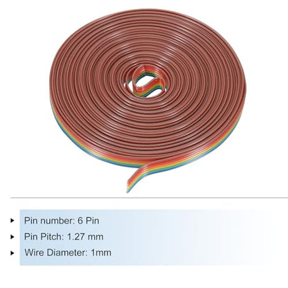 MECCANIXITY 1 Pcs 6 Pin Flat Rainbow Ribbon Cable 20 Ft 1.27mm Pitch Breadboard Jumper Wires for Electronic Projects - size: 20 Ft, style: 6P