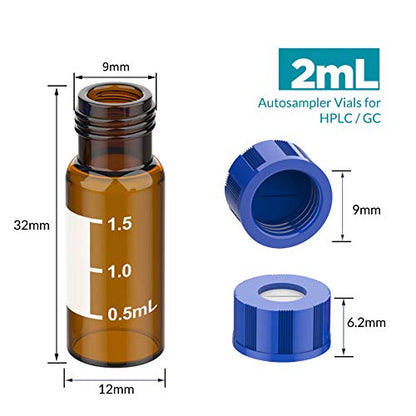 Membrane Solutions 2mL Autosampler Vials, 9-425 GC/HPLC Vials, 100 Pcs - size: Amber Vial & Pre-slit Blue PTFE septa