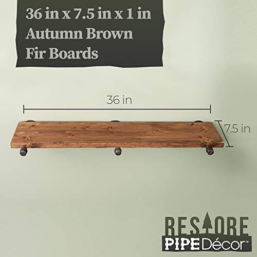 Industrial Pipe Wooden Shelves Restore by Pipe DÉCOR Premium Douglas Fir Wood Shelving 36 Inch Length Set of 2 Boards and 6 Straight Brackets Autumn Brown Finish - color: Autumn Brown, size: 36 Inch