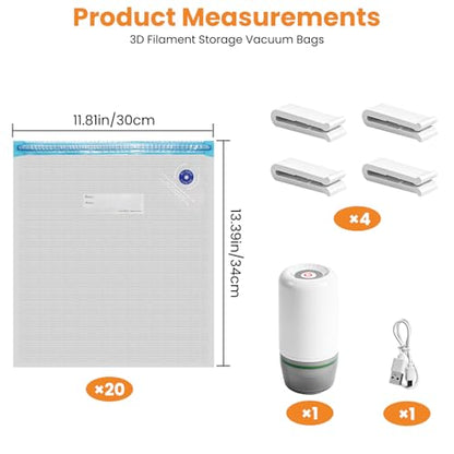 AGPTEK Electric Vacuum Bags for 3D Filament - Moisture Proof Storage Kit with Auto Pump, 20-Pack for PLA ABS PETG Spools