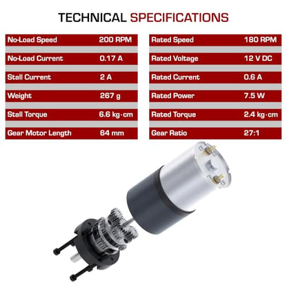 12V DC 200RPM Planetary Gear Motor, High Torque Electric Motor, 36mm Diameter Gearbox, 6mm D-Shaft, Low Noise Speed Reduction Geared Motor (12V, 200 RPM - 6mm Shaft) - size: 200 RPM - 6mm Shaft