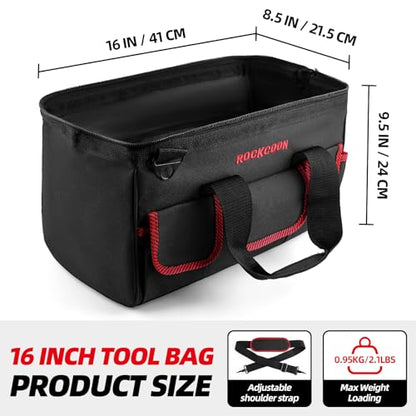 Tool Bag 16'', Multi-pocket Tool Organizer with Shoulder Strap, Heavy Duty Tote with for Tool Storage, Black & Red - color: Red