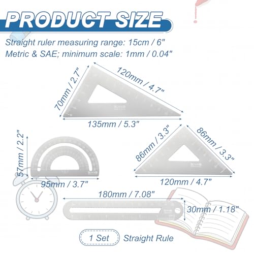 HARFINGTON 4pcs Triangular Ruler Set 15cm/6" Aluminum Alloy Silver White - color: Silver White