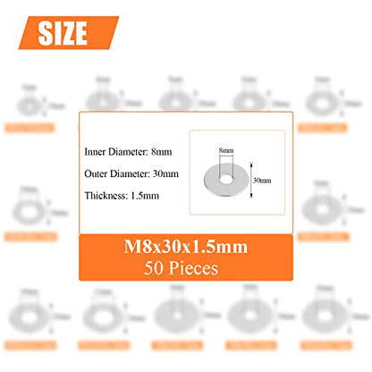 HELIFOUNER 50 Pieces M8x30x1.5mm Fender Washers, 304 Stainless Steel Large Fender Washers, Inner Diameter 8mm, Outer Diameter 30mm, Thickness 1.5mm - size: M8x30x1.5mm