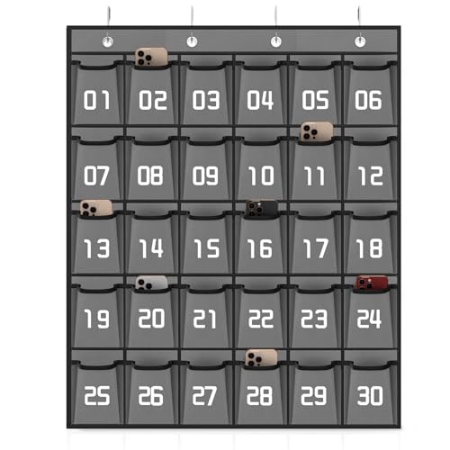 Loghot 30 Numbered Pockets Classroom Pocket Chart for Cell Phone Holder - size: 30 Pockets Gray
