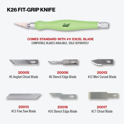 Excel Blades #11 Blade Fit Grip Craft Knife, Rubber Grip, Green - color: Green