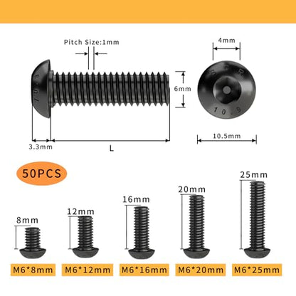 M6 x 8mm 12mm 16mm 20mm 25mm Button Head Socket Cap Screws Bolts, 10.9 Grade Alloy Steel, Metric Allen Hex Drive, Black Oxide Finish, Fully Threaded, Assortment Kit 50Pcs - size: Button Head M6x8, 12, 16, 20, 25mm(50pcs)