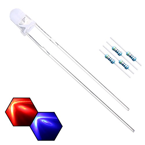 100pcs 3mm Red & Blue Blinking LED Diodes 1.5Hz Flashing (Bi-Color Flash Alternately) Clear Round Lens DC 3V Blink Bulb Lamp Light Emitting Diode +100pcs Resistors 430ohm for DC 6-12V Included - color: [24] Red&blue (Automatic Blinking) / 100pcs, style: [