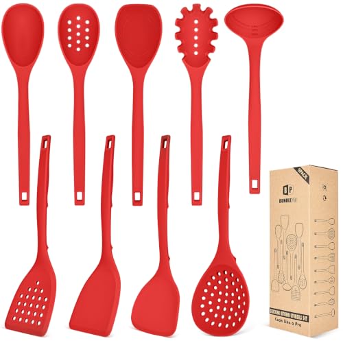 BUNDLEPRO Silicone Cooking Utensils Set, 9 Pcs Kitchen Utensils, One-Piece - color: Red
