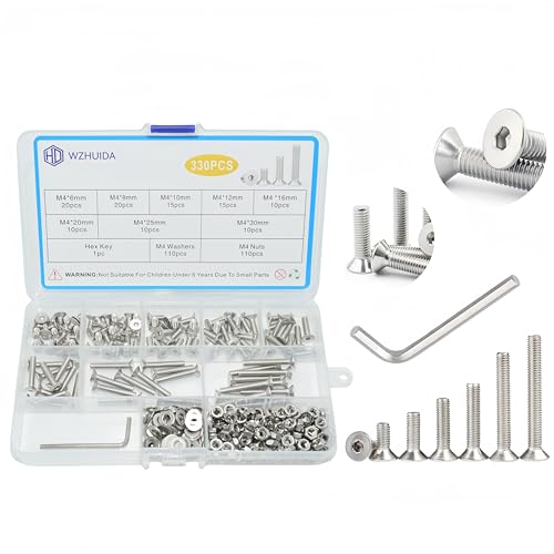 330 Pcs M4 Screws Assortment Kit, M4x6mm/8mm/10mm/12mm/16mm/20mm/25mm/30mm, Metric Hex Flat Head Countersunk Screws Nuts Washers Kit with Wrench, 304 Stainless Steel - size: M4 330Pcs