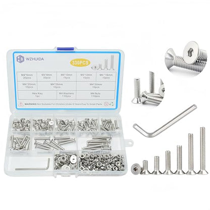 330 Pcs M4 Screws Assortment Kit, M4x6mm/8mm/10mm/12mm/16mm/20mm/25mm/30mm, Metric Hex Flat Head Countersunk Screws Nuts Washers Kit with Wrench, 304 Stainless Steel - size: M4 330Pcs