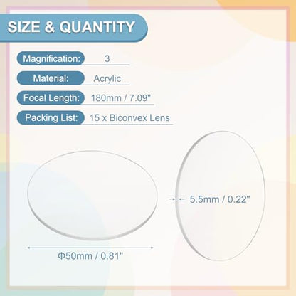 PATIKIL 15 Pack Biconvex Lens, 50mm Dia. 180mm Focal Length Spherical Optical Lenses Magnifier Paperweight Acrylic Double Convex for DIY Office Desk Home Science Experiment Telescope - size: 50mm Dia. x 180mm Focal Length