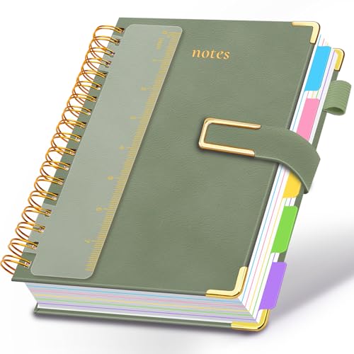 Hardcover Spiral Notebook College Ruled, 6.2"x 8.2" Leather Journal Notebook with Magnetic Closure, 300 Pages 5 Subject Notebook with Dividers Tabs Journal for Women Men, Work, School(Sage Green) - color: Sage Green, size: A5-6.2"x8.2"