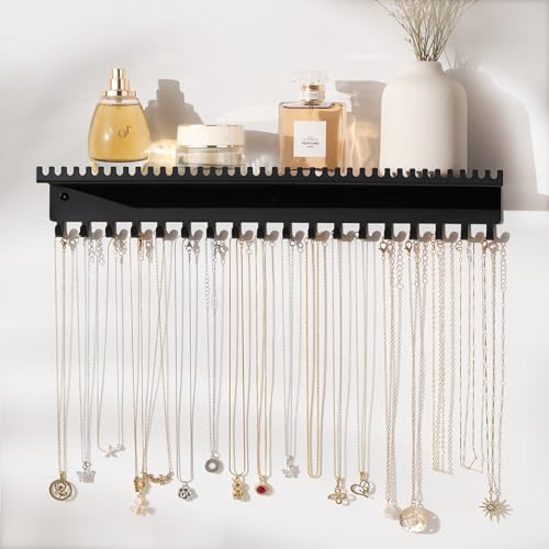 Necklace Holder Wall Hanging Organizer: Wall Mounted Jewelry Shelf with 56 Hooks and Tray, Display Hanger for Kids, Girls and Women, Black & Metal - color: black