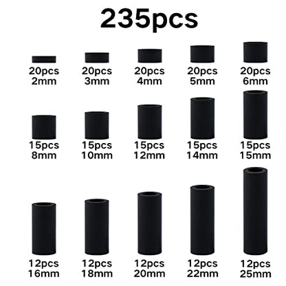 235Pcs ABS Black Round Spacer OD 7mm ID 4.1mm for M4 Screws 15Sizes Non-Threaded Column Standoff Support Spacer Round Straight Tube Plastic Washer Standoff