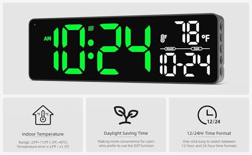 Large LED Digital Wall Clock with Date, Temperature, Auto-Brightness, Auto-DST | Big Digital Clock for Bedroom, Desk, Classroom, Living Room, Kitchen, Office, Gym, Farmhouse, Xmas Gift for Seniors - color: Green-a