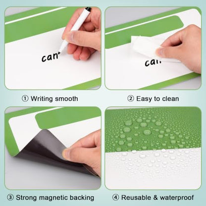 7 Pack Magnetic Write & Wipe Paper Organization Chart, Green Blank Dry Erase Objectives Labels Learning Magnets with 1 Black Pen & 30x20cm Back Card - style: Green