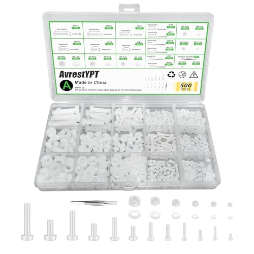 500 Pcs Nylon Hex Head Screws Bolts and Nuts and Washers Assortment Set - size: M2,M2.5,M3,M4,M5,M6