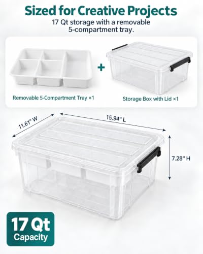 17 QT Clear craft storage box with Tray, storage bins for Art Supplies - color: Black