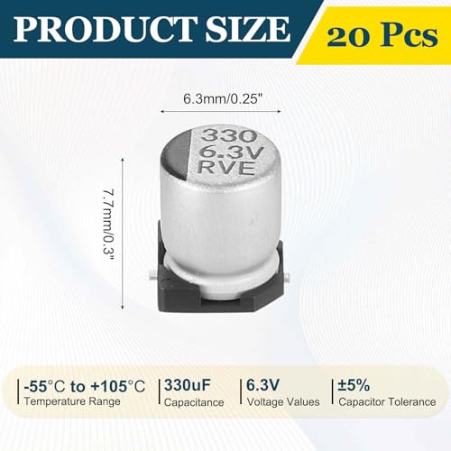 MECCANIXITY 330uF 6.3V Aluminum Electrolytic Capacitors, 6.3x7.7mm, 20pcs - size: 6.3x7.7mm, style: 330uF 6.3V