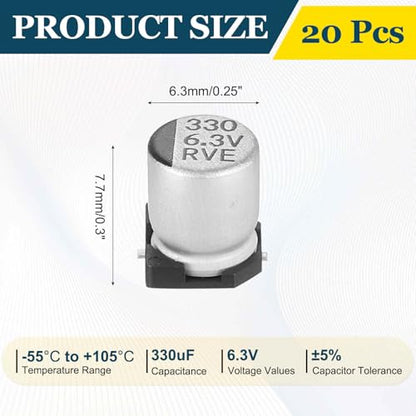 MECCANIXITY 330uF 6.3V Aluminum Electrolytic Capacitors, 6.3x7.7mm, 20pcs - size: 6.3x7.7mm, style: 330uF 6.3V