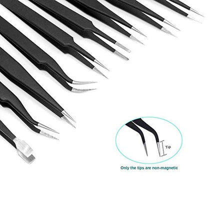 Tweezers Precision Set,Easily Life 10pcs ESD Tweezers Set, Anti Static Stainless Steel Anti Magnetic Tweezers Set with Storage Bag for Craft,Electronics Repair,jewelry repair,Laboratory Work,etc