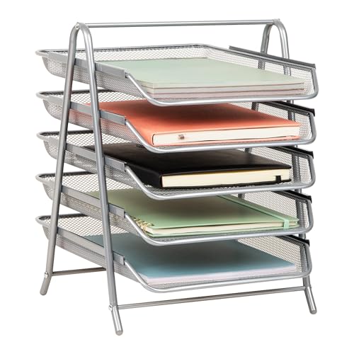 Mind Reader 5-Tier Paper Tray Organizer, Vertical Desktop File Storage Rack, Office, Metal Mesh, Silver - color: Silver, size: 11.8" x 14" x 15"