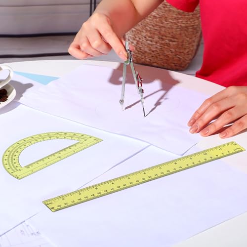 Zonon 3 Pcs 12" Clear Plastic Ruler 6 Inch Protractor Compass Set, Yellow - color: Yellow, size: 12 Inch