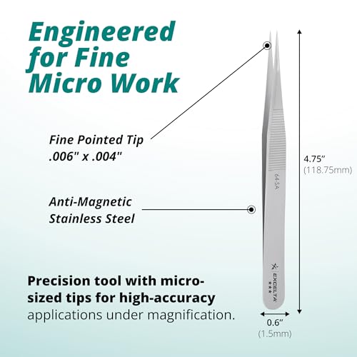 Excelta 64-SA Precision Tweezers, Straight Fine Tip, 4.75" Anti-Magnetic 316L Neverust Stainless Steel, Serrated Handle, ESD-Safe, Swiss-Made Tool for Electronics, Lab Use, Cleanroom & Forensics - size: 4.75" Tweezer, Straight Very Fine Points, style: Ant